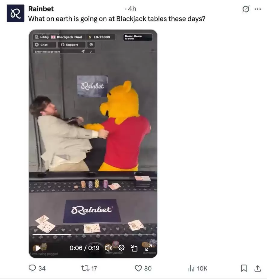 Rainbet Blackjack Dealer Fights Winnie the Pooh Live on Stream Media 0